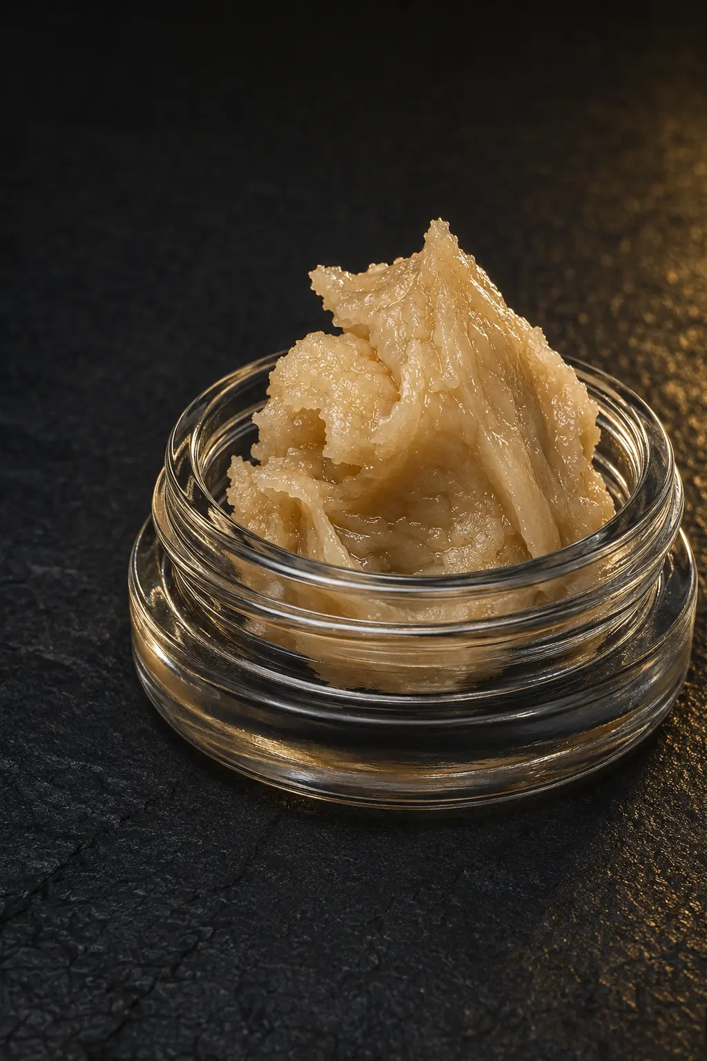 Pink Jeffe rosin presented in a glass jar on a dark stone surface