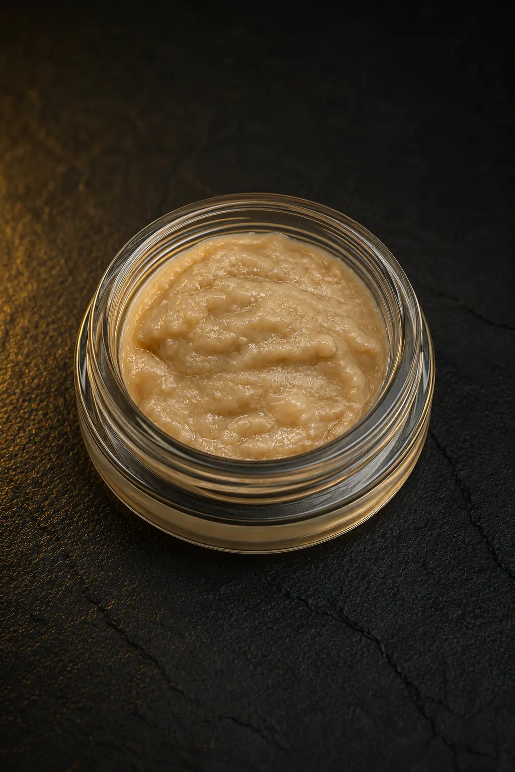 Pink Tom Ford rosin presented in a glass jar on a dark stone surface